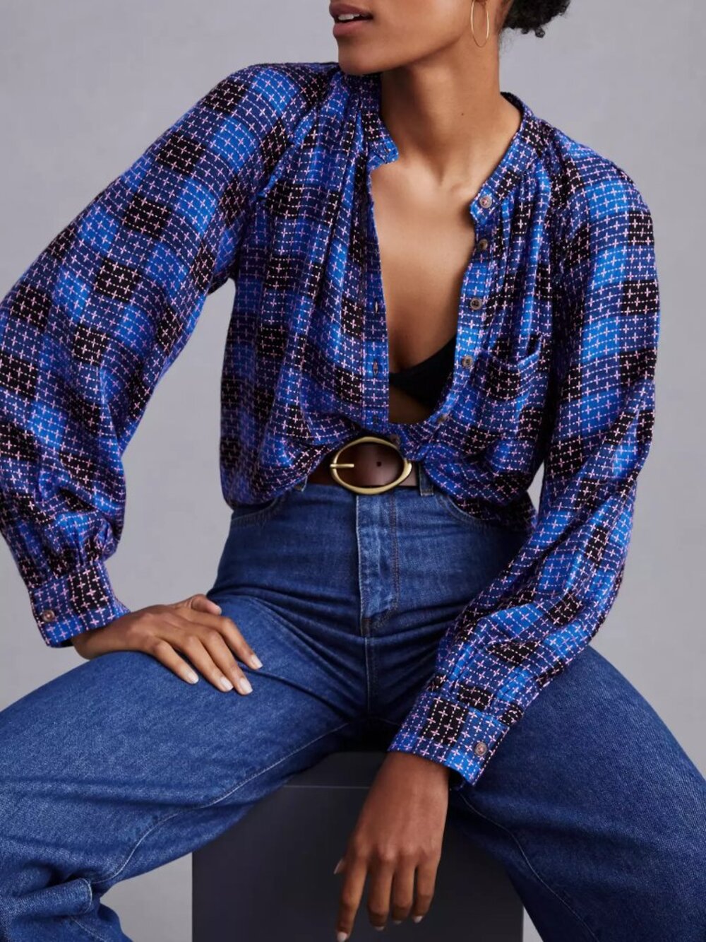 Pilcro Anthropologie blue pink black plaid ruffle button down shirt